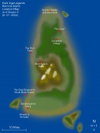 A map of the island of Romme, with several key locations in Chapters 1-3 pointed out.