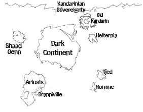A partial world map of Gaian, portraying the main continents and islands much of the RP has been set in, though more lands exist.